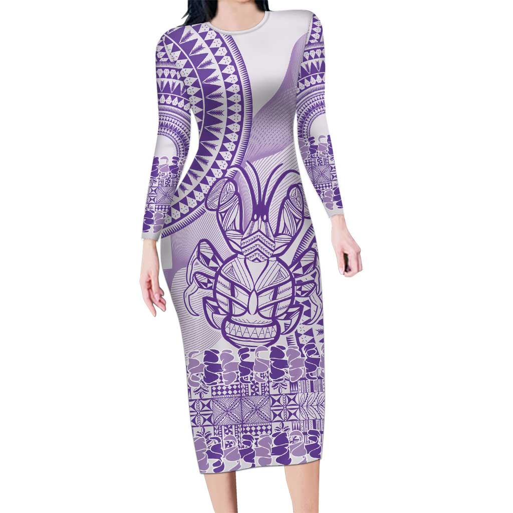 Purple Niue Language Week Long Sleeve Bodycon Dress The Rock Coconut Crab - Siapo Pattern LT14 Long Dress Purple - Polynesian Pride