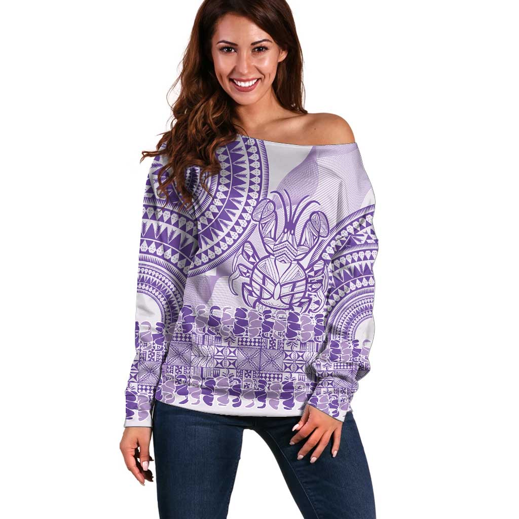 Purple Niue Language Week Off Shoulder Sweater The Rock Coconut Crab - Siapo Pattern LT14 Women Purple - Polynesian Pride