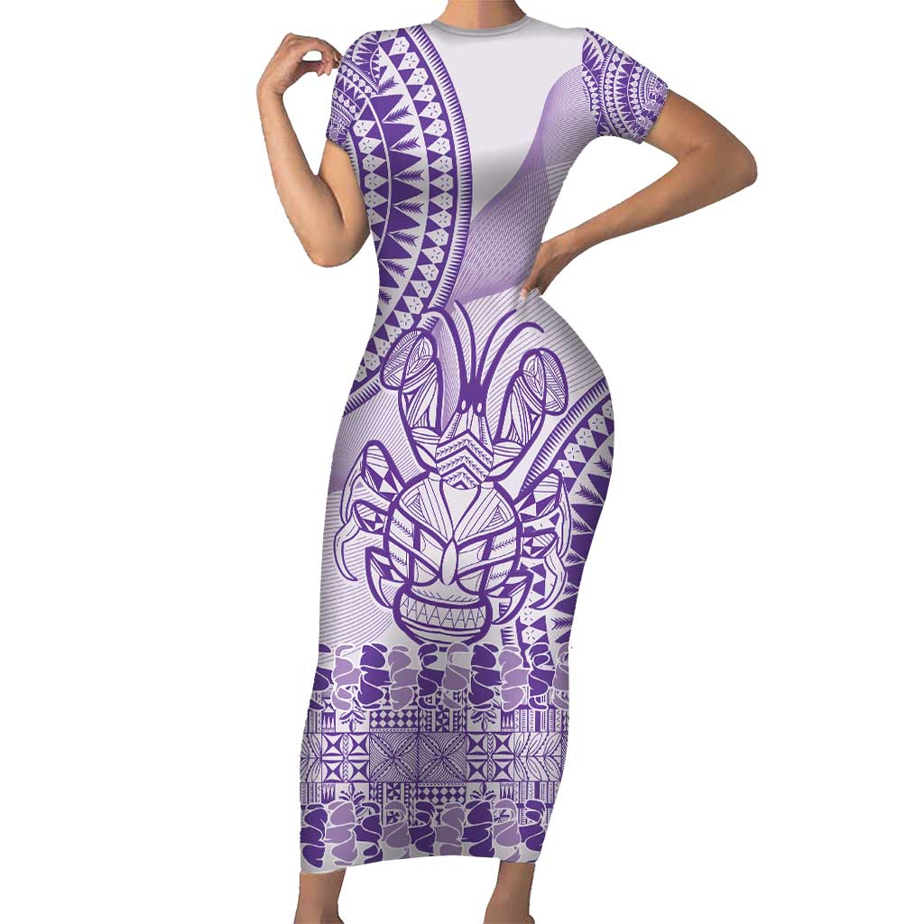 Purple Niue Language Week Short Sleeve Bodycon Dress The Rock Coconut Crab - Siapo Pattern LT14 Long Dress Purple - Polynesian Pride