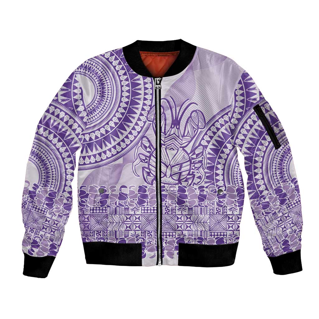 Purple Niue Language Week Sleeve Zip Bomber Jacket The Rock Coconut Crab - Siapo Pattern LT14 Unisex Purple - Polynesian Pride