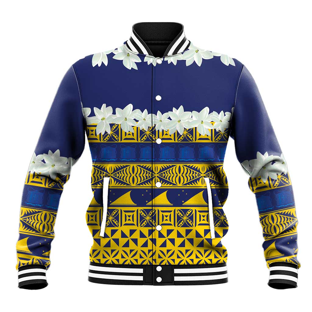 Tokelau Language Week Baseball Jacket Tokelauan Tuluma With Gardenia Thunbergia LT14 Unisex Blue - Polynesian Pride