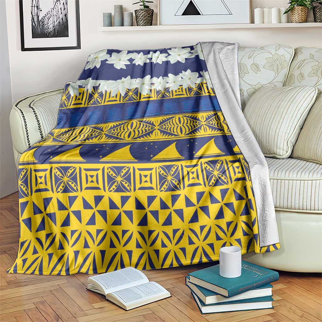 Tokelau Language Week Blanket Tokelauan Tuluma With Gardenia Thunbergia LT14 Blue - Polynesian Pride