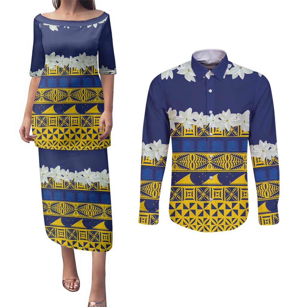 Tokelau Language Week Couples Matching Puletasi and Long Sleeve Button Shirt Tokelauan Tuluma With Gardenia Thunbergia LT14 Blue - Polynesian Pride