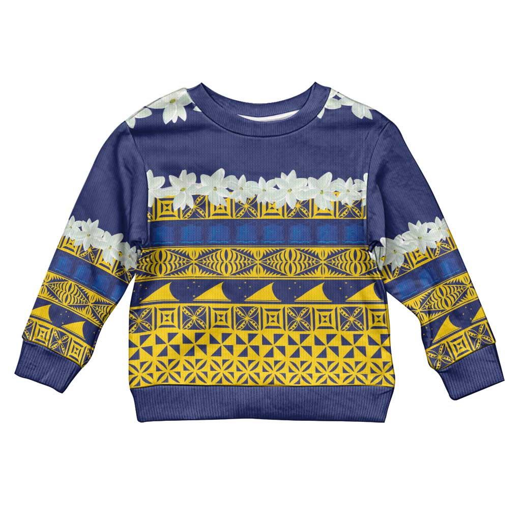 Tokelau Language Week Kid Ugly Christmas Sweater Tokelauan Tuluma With Gardenia Thunbergia LT14 Kid Blue - Polynesian Pride