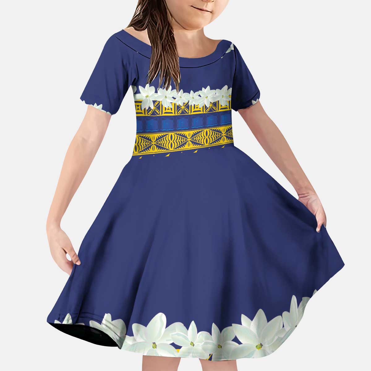 Tokelau Language Week Kid Short Sleeve Dress Tokelauan Tuluma With Gardenia Thunbergia LT14 KID Blue - Polynesian Pride