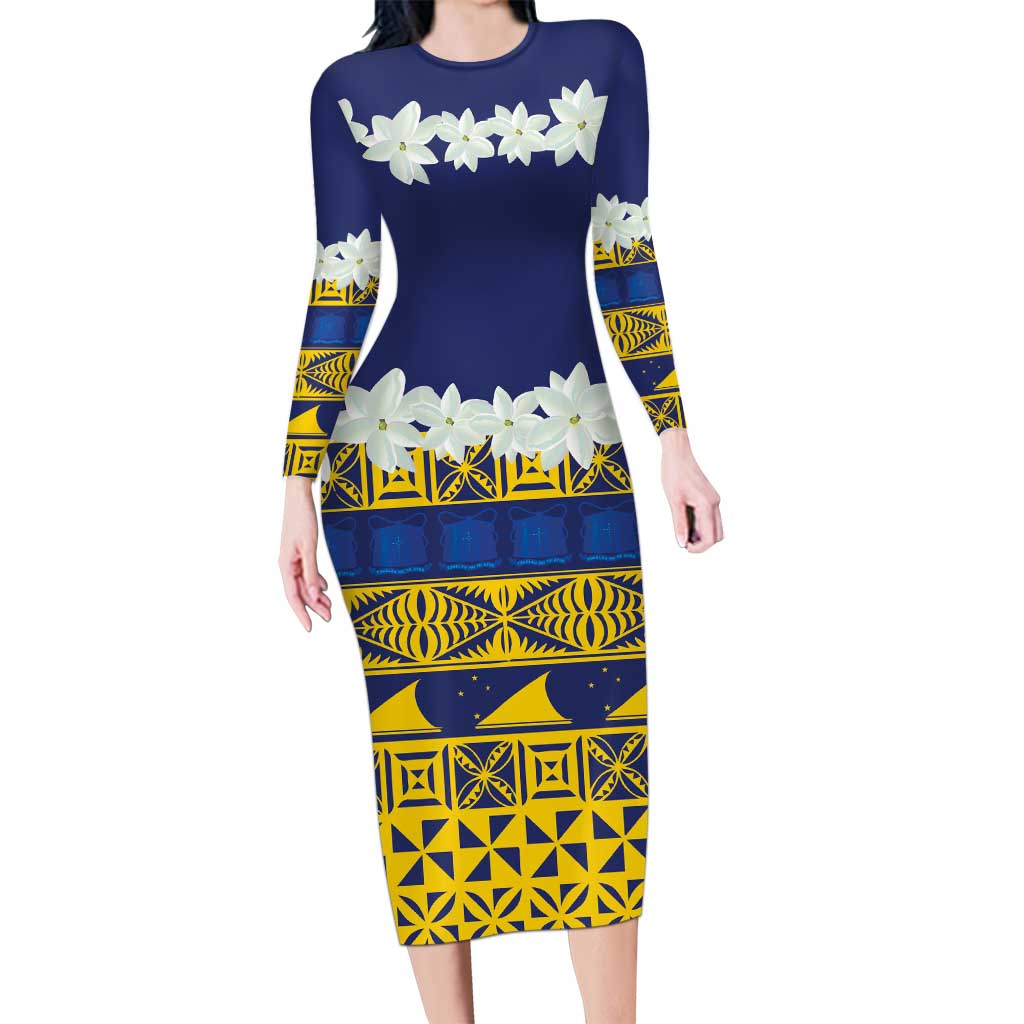 Tokelau Language Week Long Sleeve Bodycon Dress Tokelauan Tuluma With Gardenia Thunbergia LT14 Long Dress Blue - Polynesian Pride