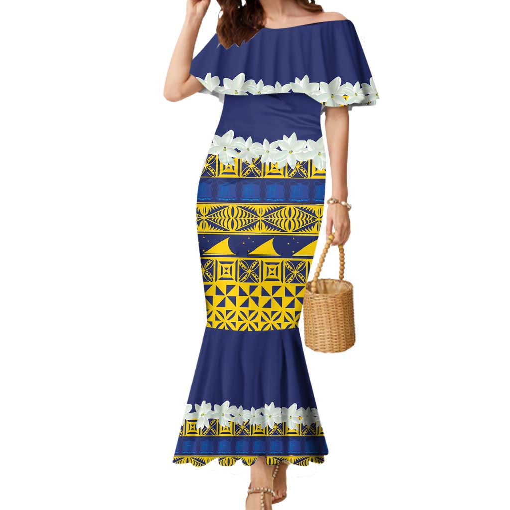 Tokelau Language Week Mermaid Dress Tokelauan Tuluma With Gardenia Thunbergia LT14 Women Blue - Polynesian Pride