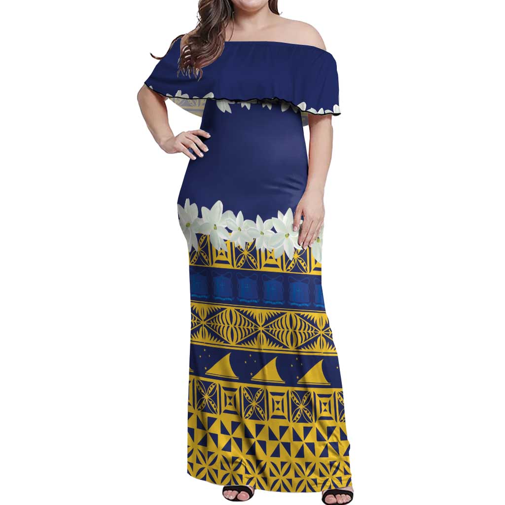 Tokelau Language Week Off Shoulder Maxi Dress Tokelauan Tuluma With Gardenia Thunbergia LT14 Women Blue - Polynesian Pride
