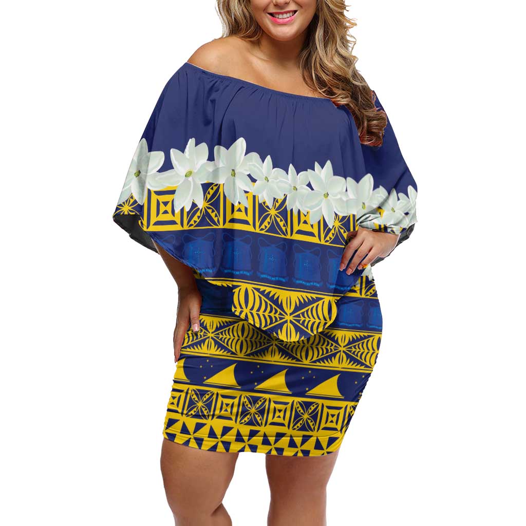 Tokelau Language Week Off Shoulder Short Dress Tokelauan Tuluma With Gardenia Thunbergia LT14 Women Blue - Polynesian Pride