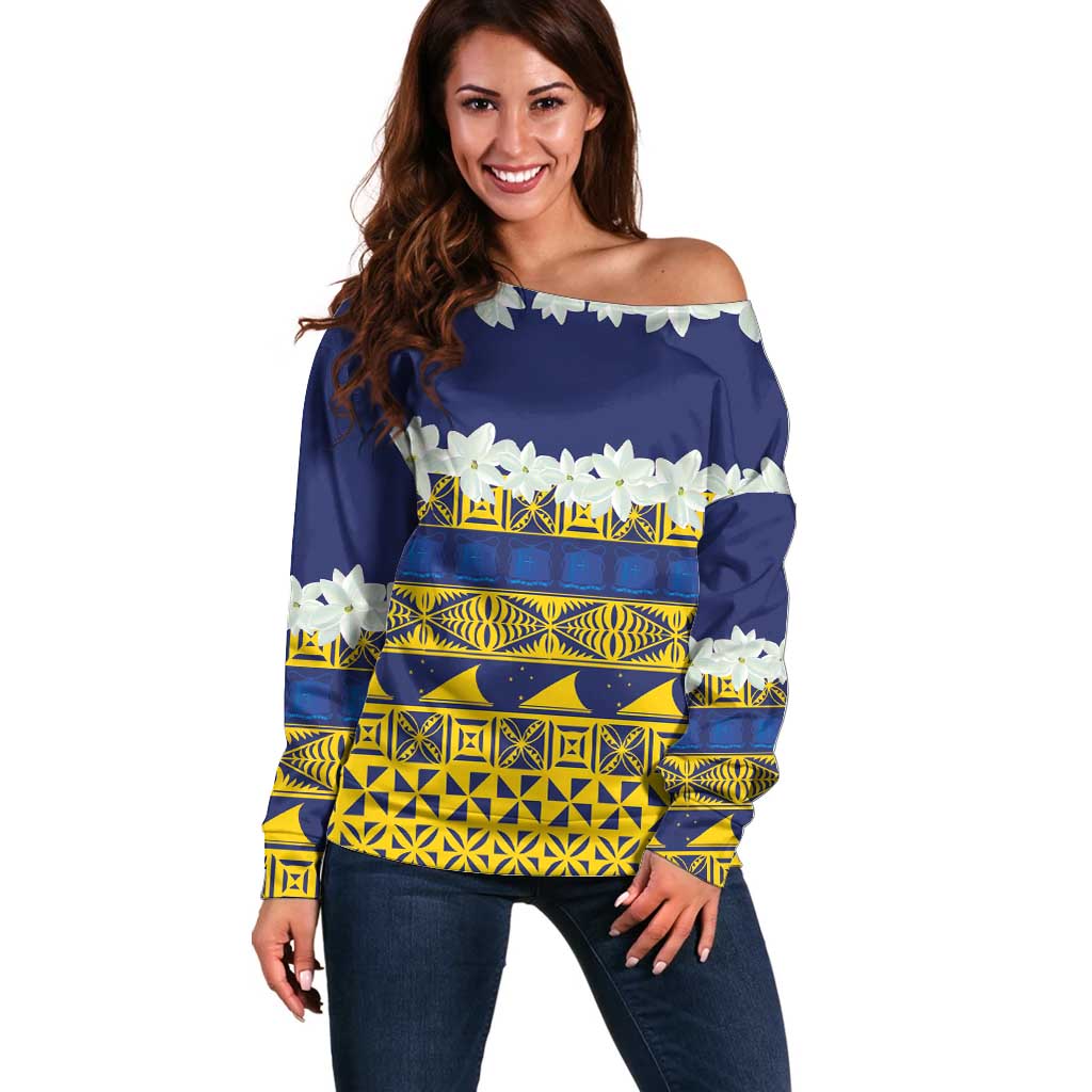 Tokelau Language Week Off Shoulder Sweater Tokelauan Tuluma With Gardenia Thunbergia LT14 Women Blue - Polynesian Pride