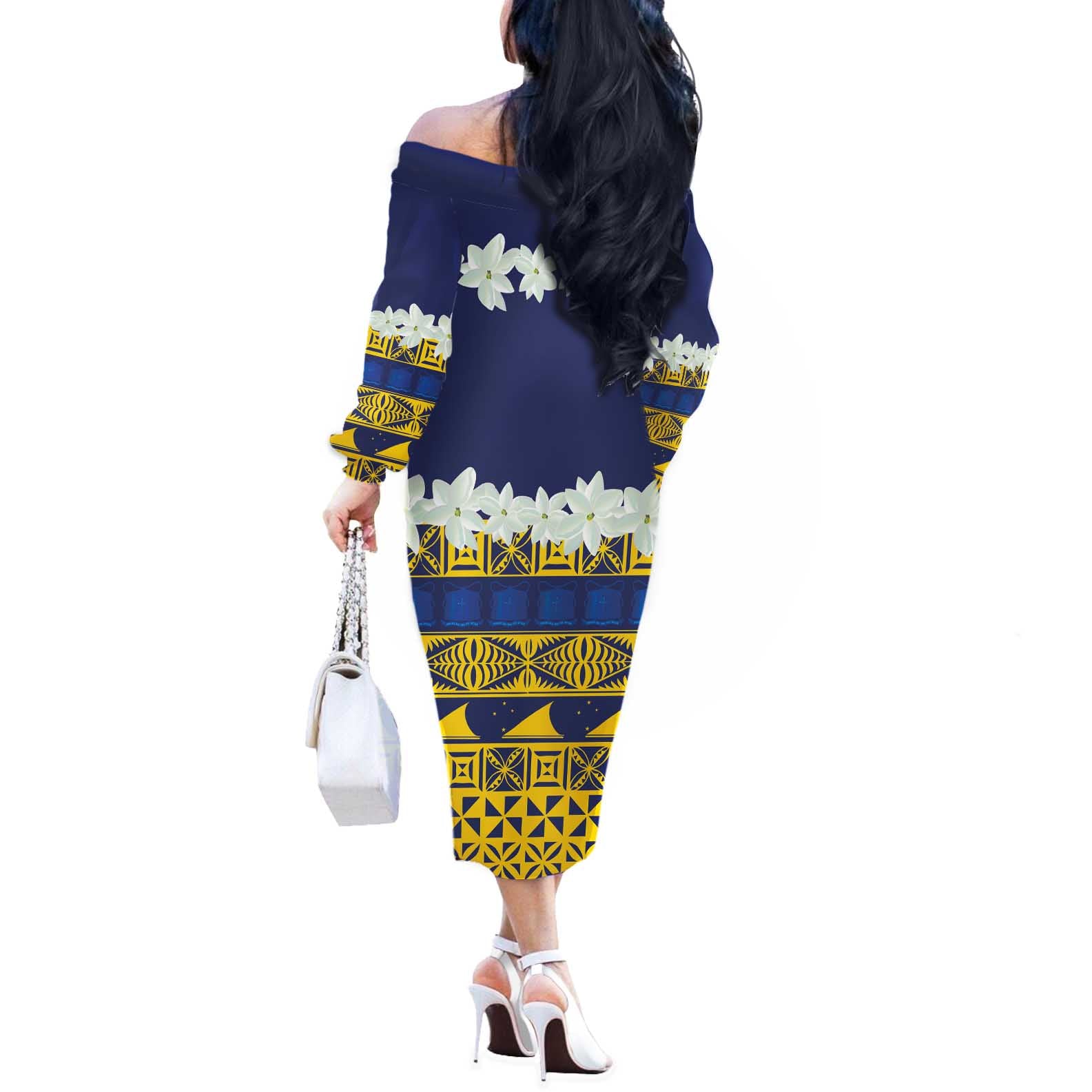 Tokelau Language Week Off The Shoulder Long Sleeve Dress Tokelauan Tuluma With Gardenia Thunbergia LT14 - Polynesian Pride