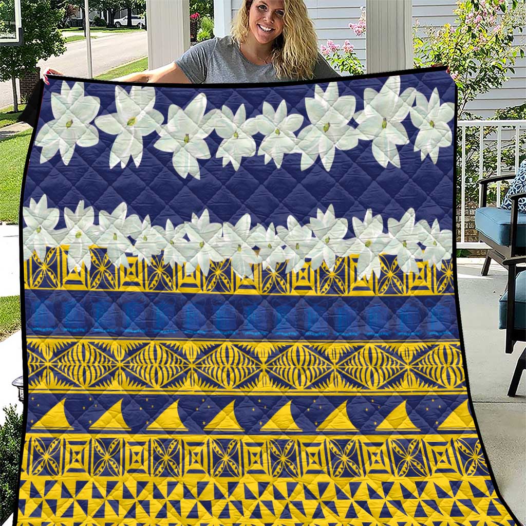 Tokelau Language Week Quilt Tokelauan Tuluma With Gardenia Thunbergia LT14 Blue - Polynesian Pride