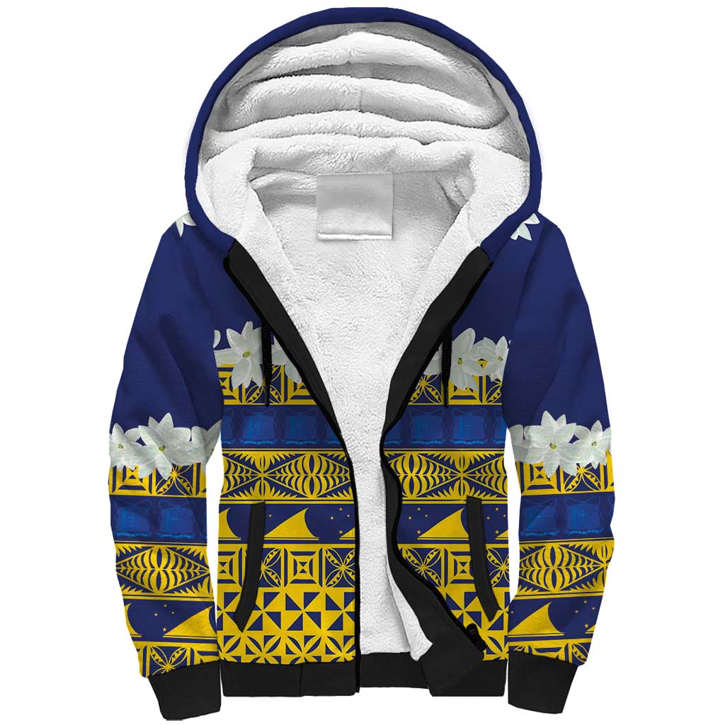 Tokelau Language Week Sherpa Hoodie Tokelauan Tuluma With Gardenia Thunbergia LT14 Unisex Blue - Polynesian Pride