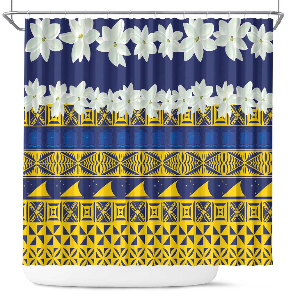 Tokelau Language Week Shower Curtain Tokelauan Tuluma With Gardenia Thunbergia LT14 Blue - Polynesian Pride