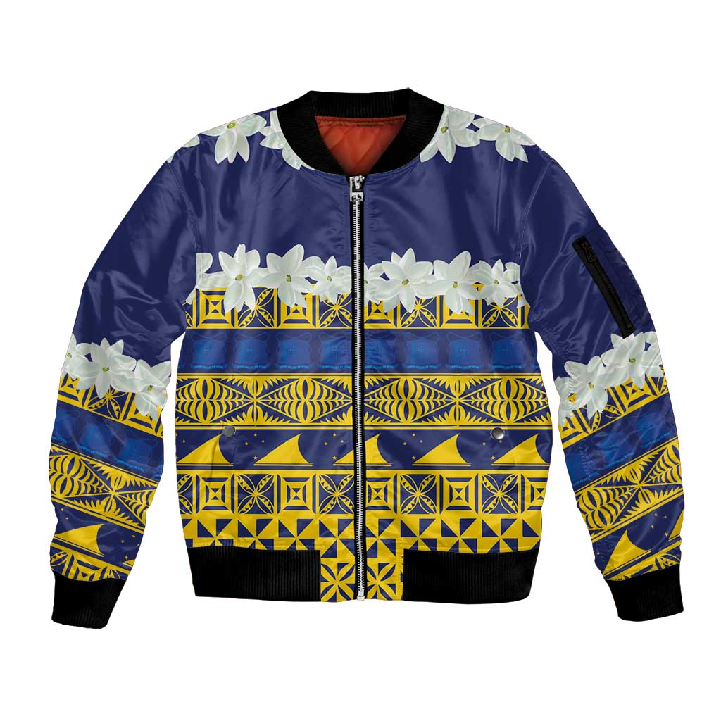 Tokelau Language Week Sleeve Zip Bomber Jacket Tokelauan Tuluma With Gardenia Thunbergia LT14 Unisex Blue - Polynesian Pride