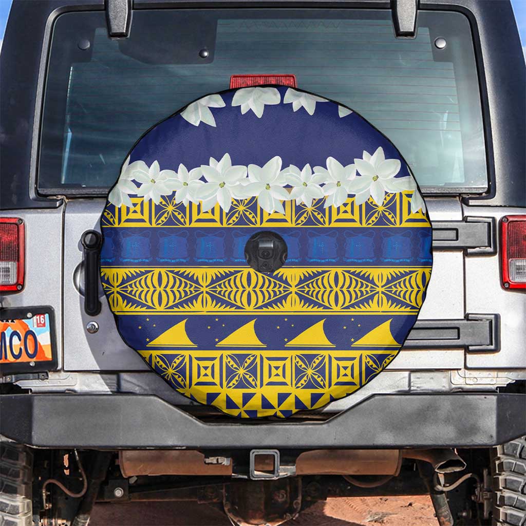 Tokelau Language Week Spare Tire Cover Tokelauan Tuluma With Gardenia Thunbergia LT14 Blue - Polynesian Pride