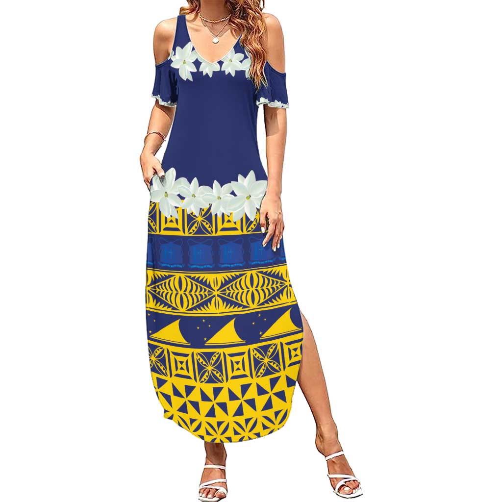 Tokelau Language Week Summer Maxi Dress Tokelauan Tuluma With Gardenia Thunbergia LT14 Women Blue - Polynesian Pride