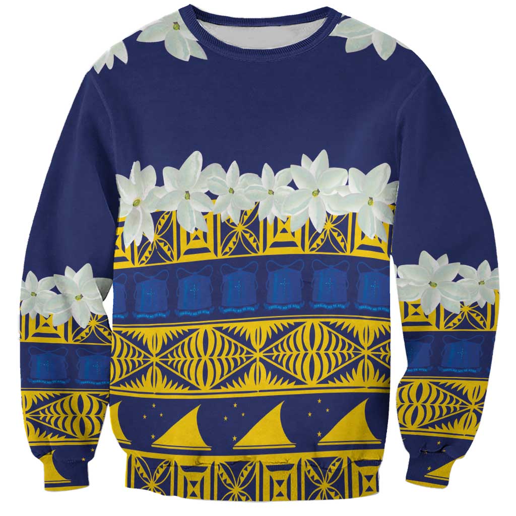 Tokelau Language Week Sweatshirt Tokelauan Tuluma With Gardenia Thunbergia LT14 Unisex Blue - Polynesian Pride