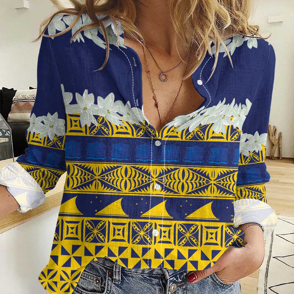 Tokelau Language Week Women Casual Shirt Tokelauan Tuluma With Gardenia Thunbergia LT14 Female Blue - Polynesian Pride