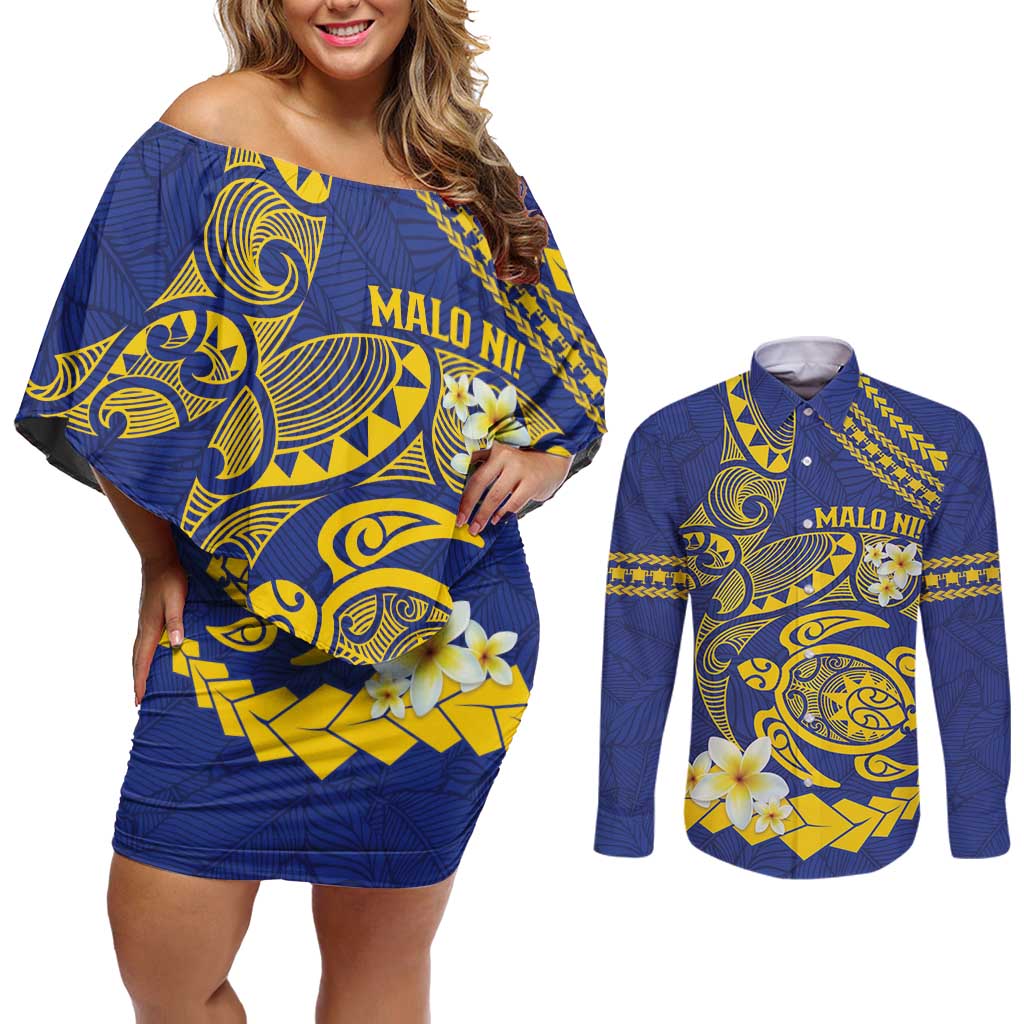 Te Vaiaho o te Gagana Tokelau Couples Matching Off Shoulder Short Dress and Long Sleeve Button Shirt Polynesian Turtle - Malo Ni! LT14 Blue - Polynesian Pride