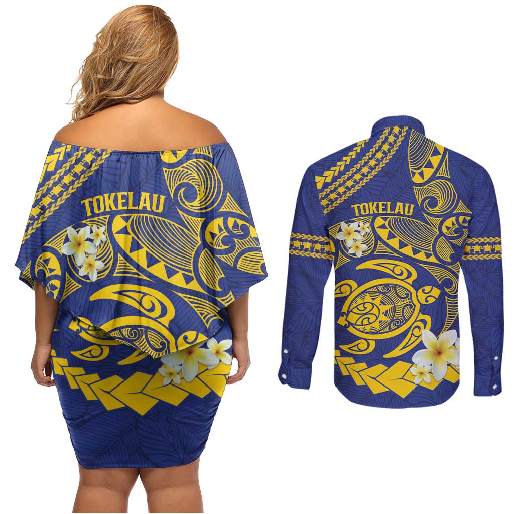 Te Vaiaho o te Gagana Tokelau Couples Matching Off Shoulder Short Dress and Long Sleeve Button Shirt Polynesian Turtle - Malo Ni!