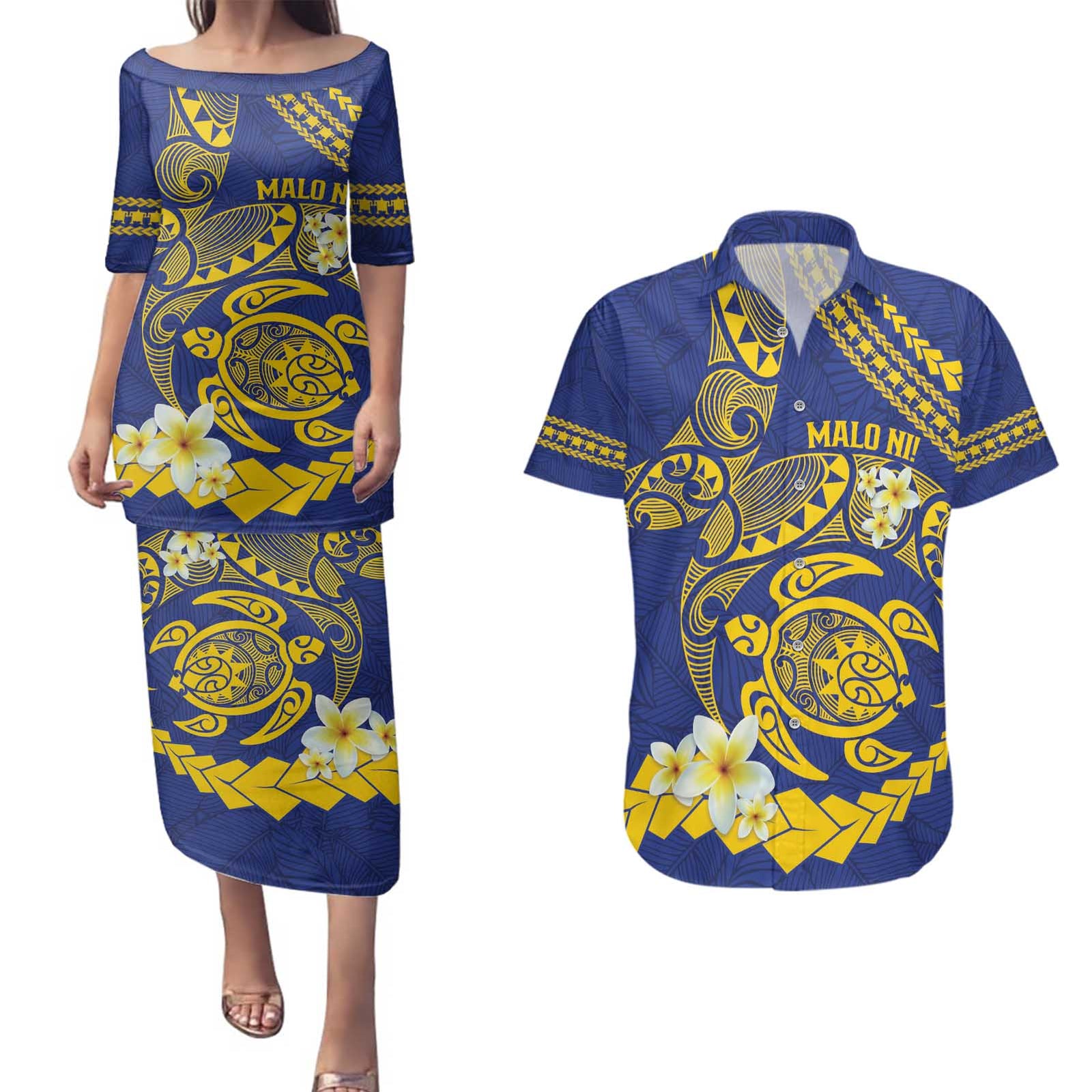Te Vaiaho o te Gagana Tokelau Couples Matching Puletasi and Hawaiian Shirt Polynesian Turtle - Malo Ni! LT14 Blue - Polynesian Pride