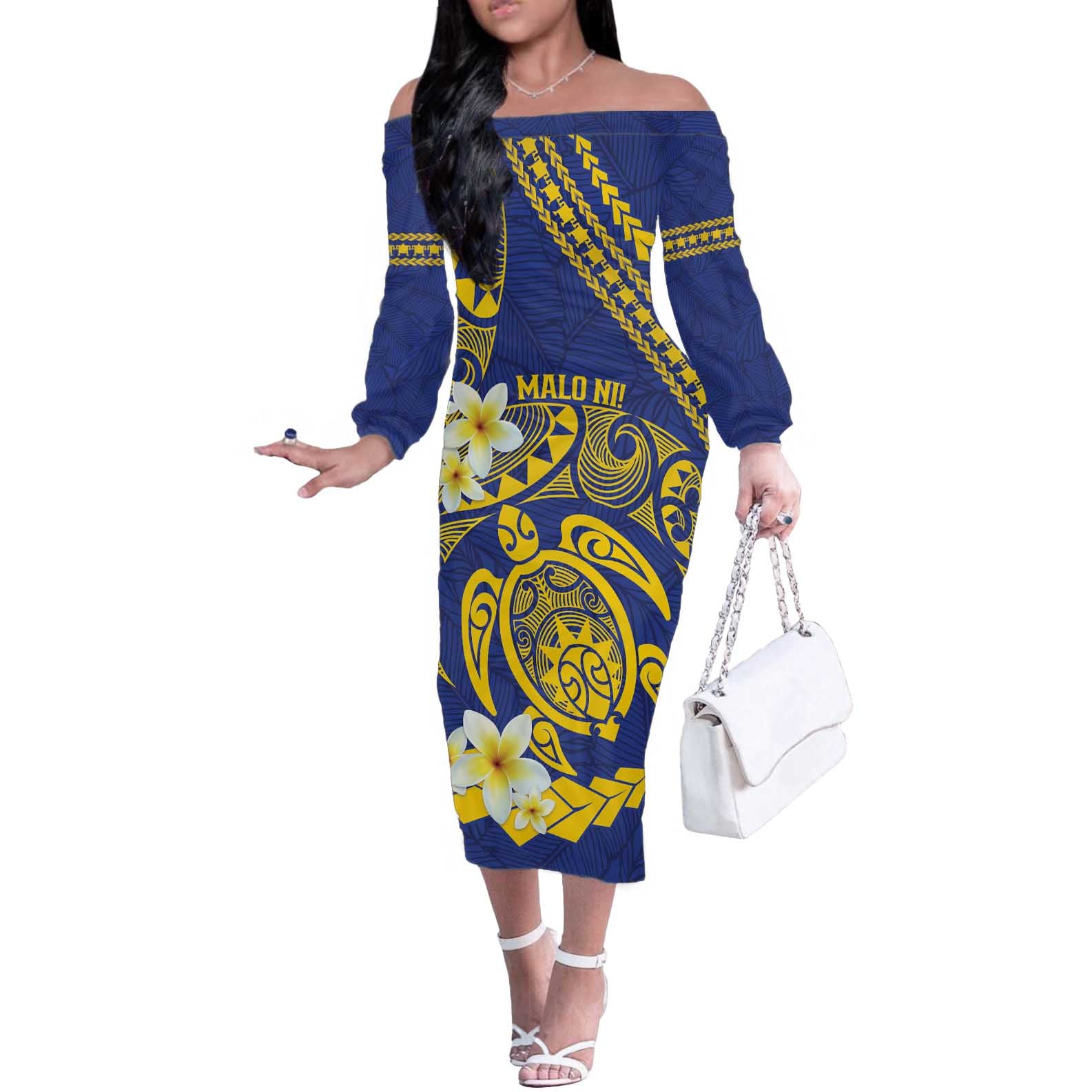 Te Vaiaho o te Gagana Tokelau Off The Shoulder Long Sleeve Dress Polynesian Turtle - Malo Ni! LT14 Women Blue - Polynesian Pride