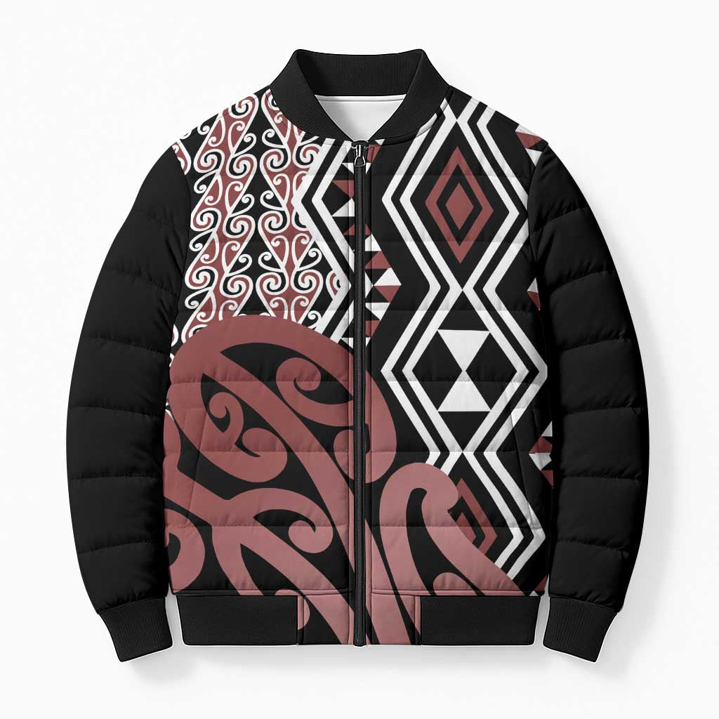 New Zealand Bomber Puffer Jacket Aotearoa Kowhaiwhai Mix Taniko Art - Polynesian Pride