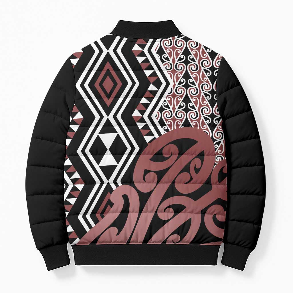 New Zealand Bomber Puffer Jacket Aotearoa Kowhaiwhai Mix Taniko Art - Polynesian Pride