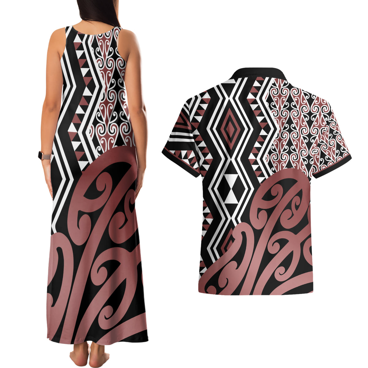 New Zealand Couples Matching Tank Maxi Dress and Hawaiian Shirt Aotearoa Kowhaiwhai Mix Taniko Art LT14 - Polynesian Pride