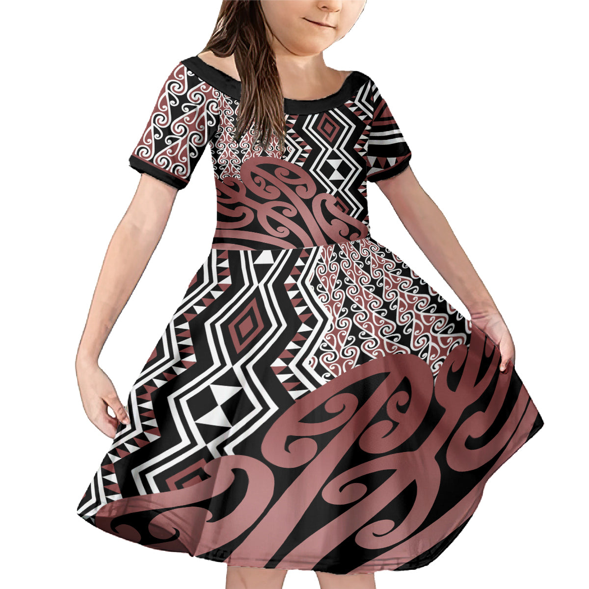 New Zealand Family Matching Mermaid Dress and Hawaiian Shirt Aotearoa Kowhaiwhai Mix Taniko Art LT14 Daughter's Dress Brown - Polynesian Pride