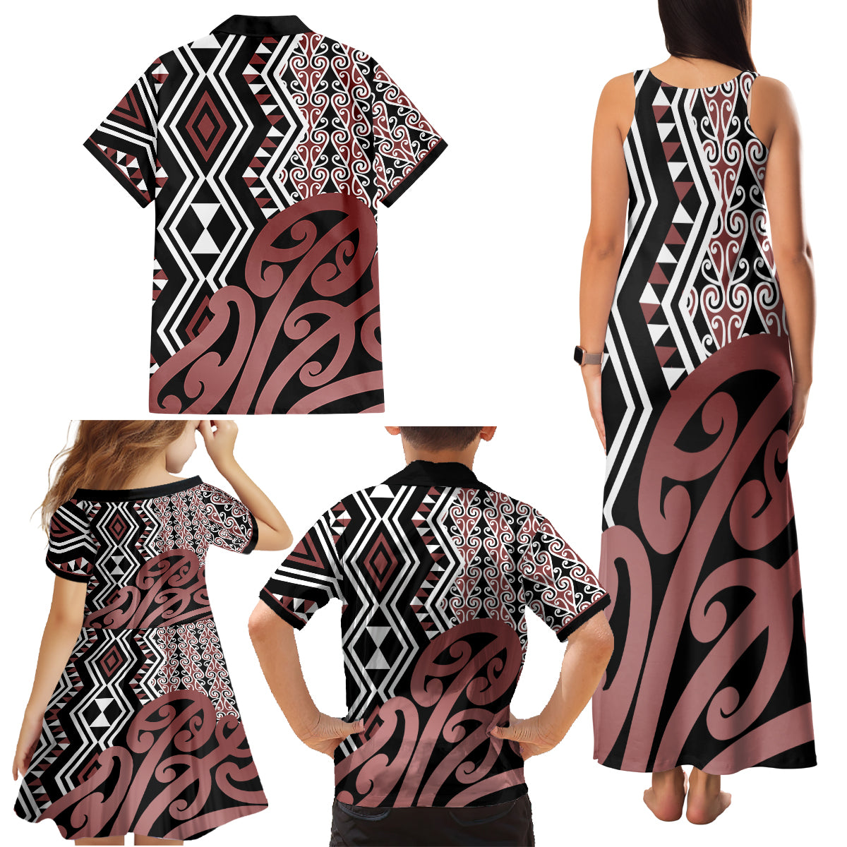New Zealand Family Matching Tank Maxi Dress and Hawaiian Shirt Aotearoa Kowhaiwhai Mix Taniko Art LT14 - Polynesian Pride