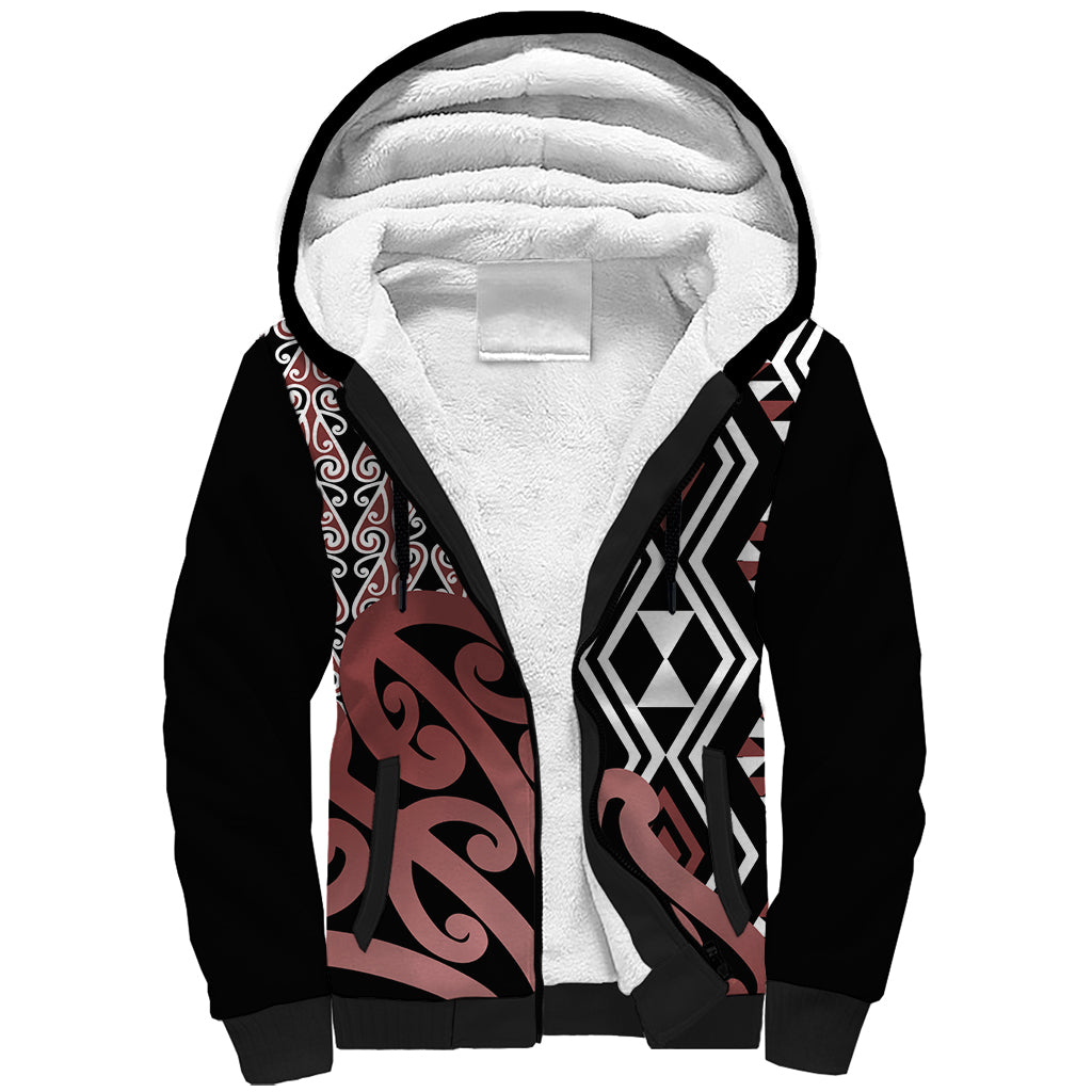 New Zealand Sherpa Hoodie Aotearoa Kowhaiwhai Mix Taniko Art LT14 Unisex Brown - Polynesian Pride