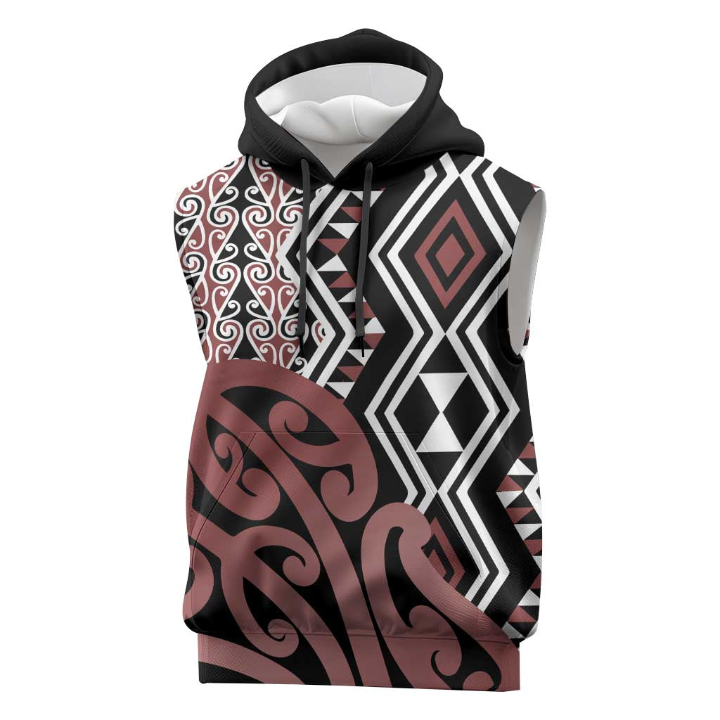 New Zealand Sleeveless Hoodie Aotearoa Kowhaiwhai Mix Taniko Art - Polynesian Pride