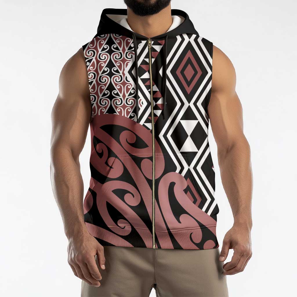 New Zealand Sleeveless Zip Hoodie Aotearoa Kowhaiwhai Mix Taniko Art - Polynesian Pride
