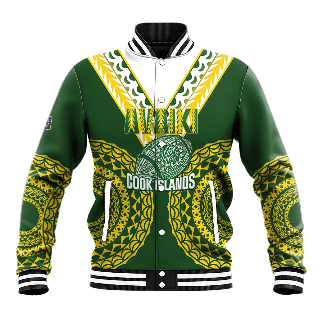 Custom Avaiki Cook Islands Rugby Baseball Jacket Kuki Airani Tatau Green - Polynesian Pride