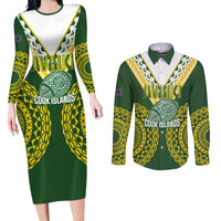 Custom Avaiki Cook Islands Rugby Couples Matching Long Sleeve Bodycon Dress and Long Sleeve Button Shirt Kuki Airani Tatau Green - Polynesian Pride
