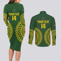 Custom Avaiki Cook Islands Rugby Couples Matching Long Sleeve Bodycon Dress and Long Sleeve Button Shirt Kuki Airani Tatau Green - Polynesian Pride