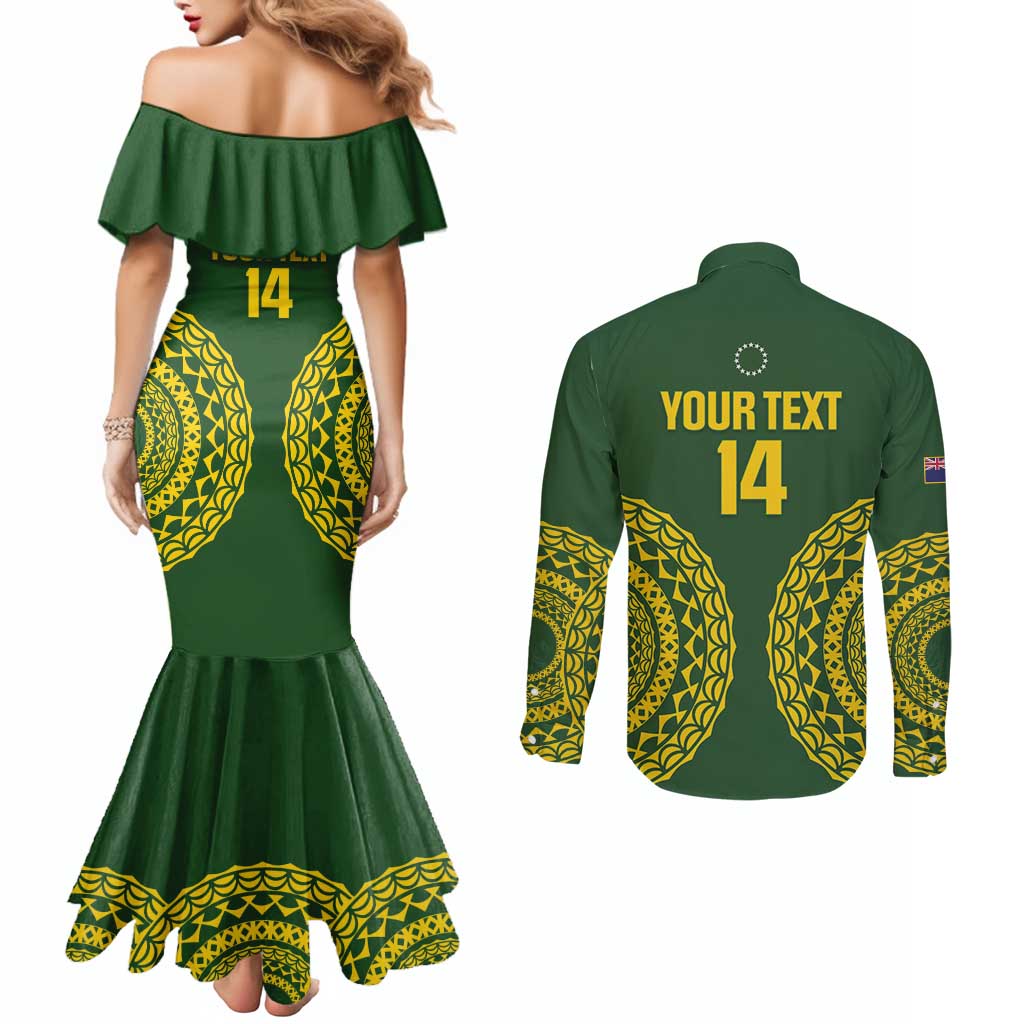 Custom Avaiki Cook Islands Rugby Couples Matching Mermaid Dress and Long Sleeve Button Shirt Kuki Airani Tatau Green - Polynesian Pride
