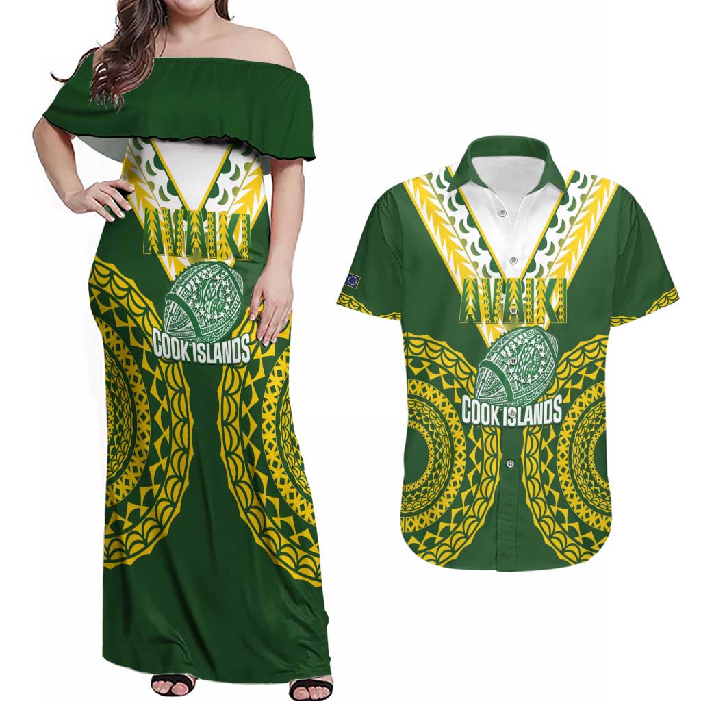 Custom Avaiki Cook Islands Rugby Couples Matching Off Shoulder Maxi Dress and Hawaiian Shirt Kuki Airani Tatau Green - Polynesian Pride