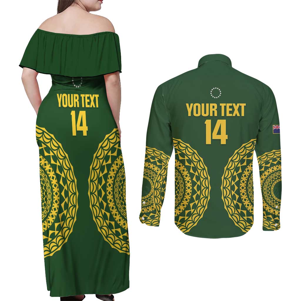 Custom Avaiki Cook Islands Rugby Couples Matching Off Shoulder Maxi Dress and Long Sleeve Button Shirt Kuki Airani Tatau Green - Polynesian Pride