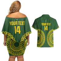 Custom Avaiki Cook Islands Rugby Couples Matching Off Shoulder Short Dress and Hawaiian Shirt Kuki Airani Tatau Green - Polynesian Pride