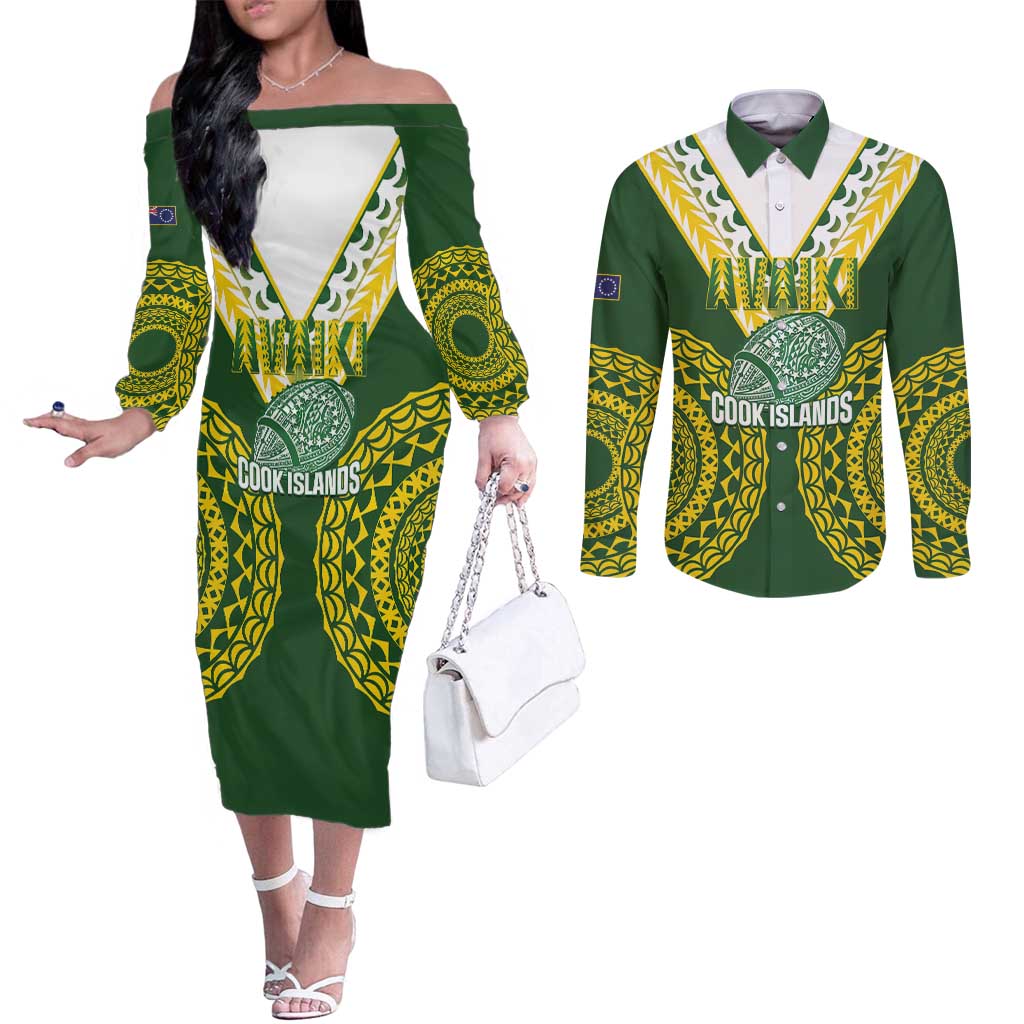 Custom Avaiki Cook Islands Rugby Couples Matching Off The Shoulder Long Sleeve Dress and Long Sleeve Button Shirt Kuki Airani Tatau Green - Polynesian Pride