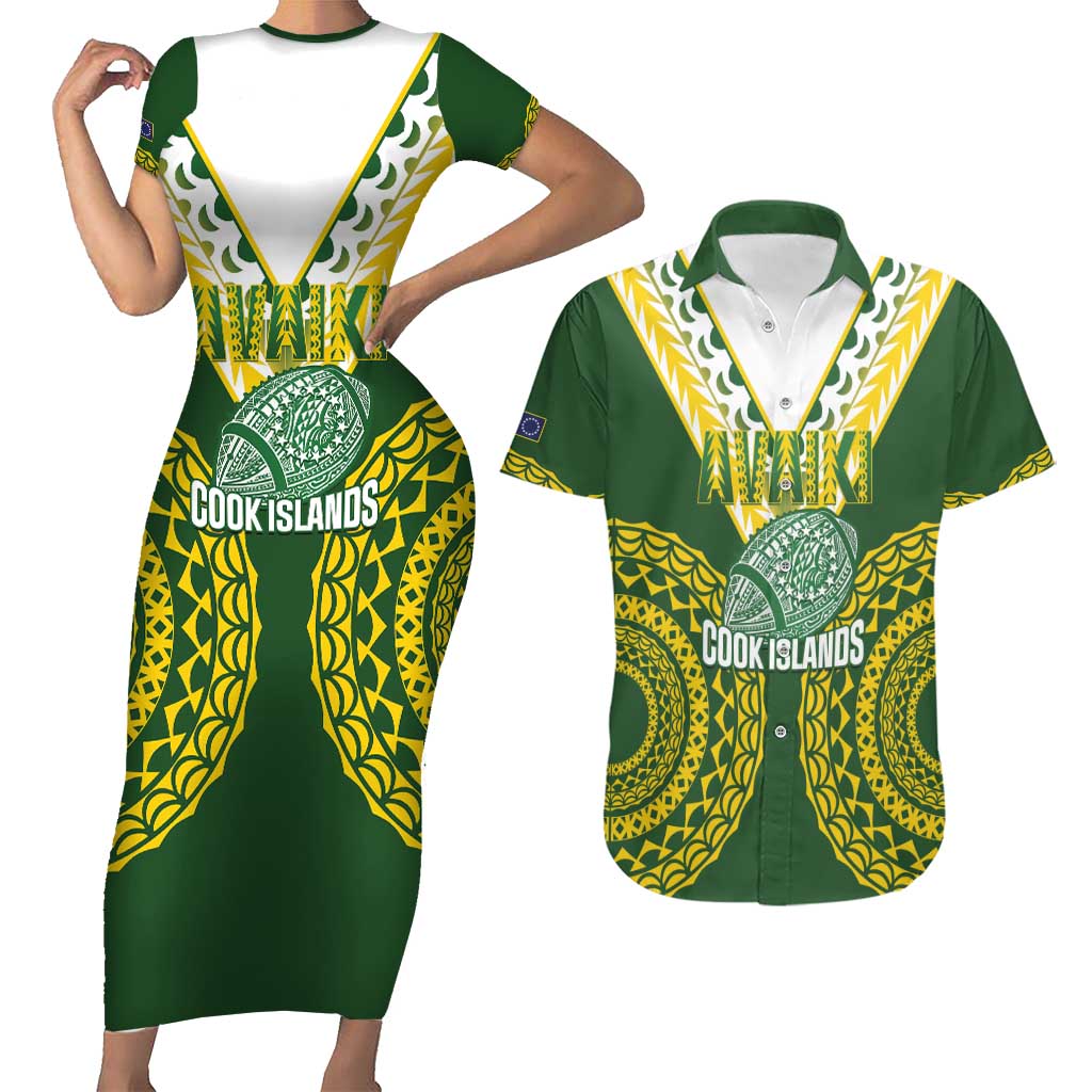 Custom Avaiki Cook Islands Rugby Couples Matching Short Sleeve Bodycon Dress and Hawaiian Shirt Kuki Airani Tatau Green - Polynesian Pride