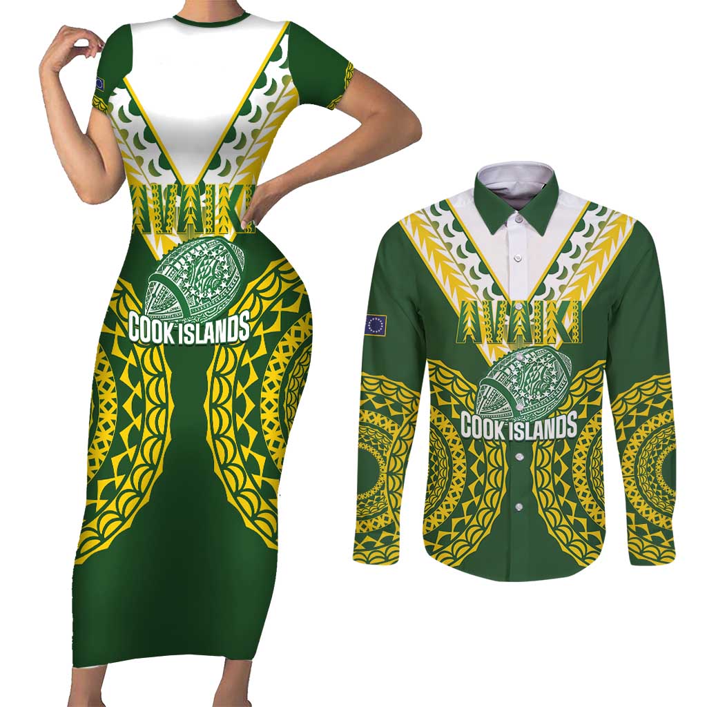 Custom Avaiki Cook Islands Rugby Couples Matching Short Sleeve Bodycon Dress and Long Sleeve Button Shirt Kuki Airani Tatau Green - Polynesian Pride