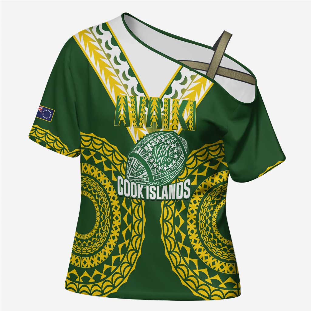 Custom Avaiki Cook Islands Rugby Cross Shoulder Shirt Kuki Airani Tatau Green - Polynesian Pride