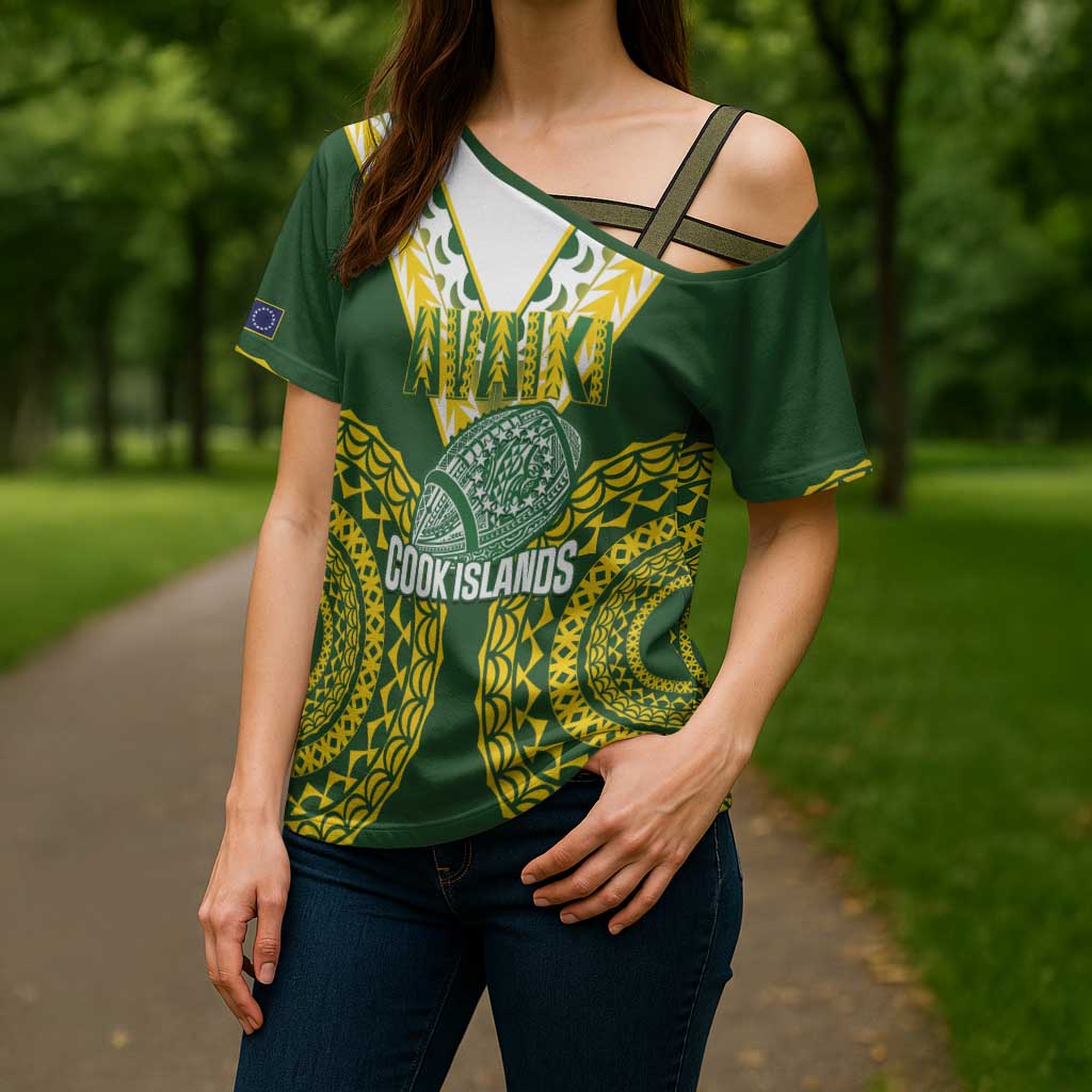 Custom Avaiki Cook Islands Rugby Cross Shoulder Shirt Kuki Airani Tatau Green - Polynesian Pride