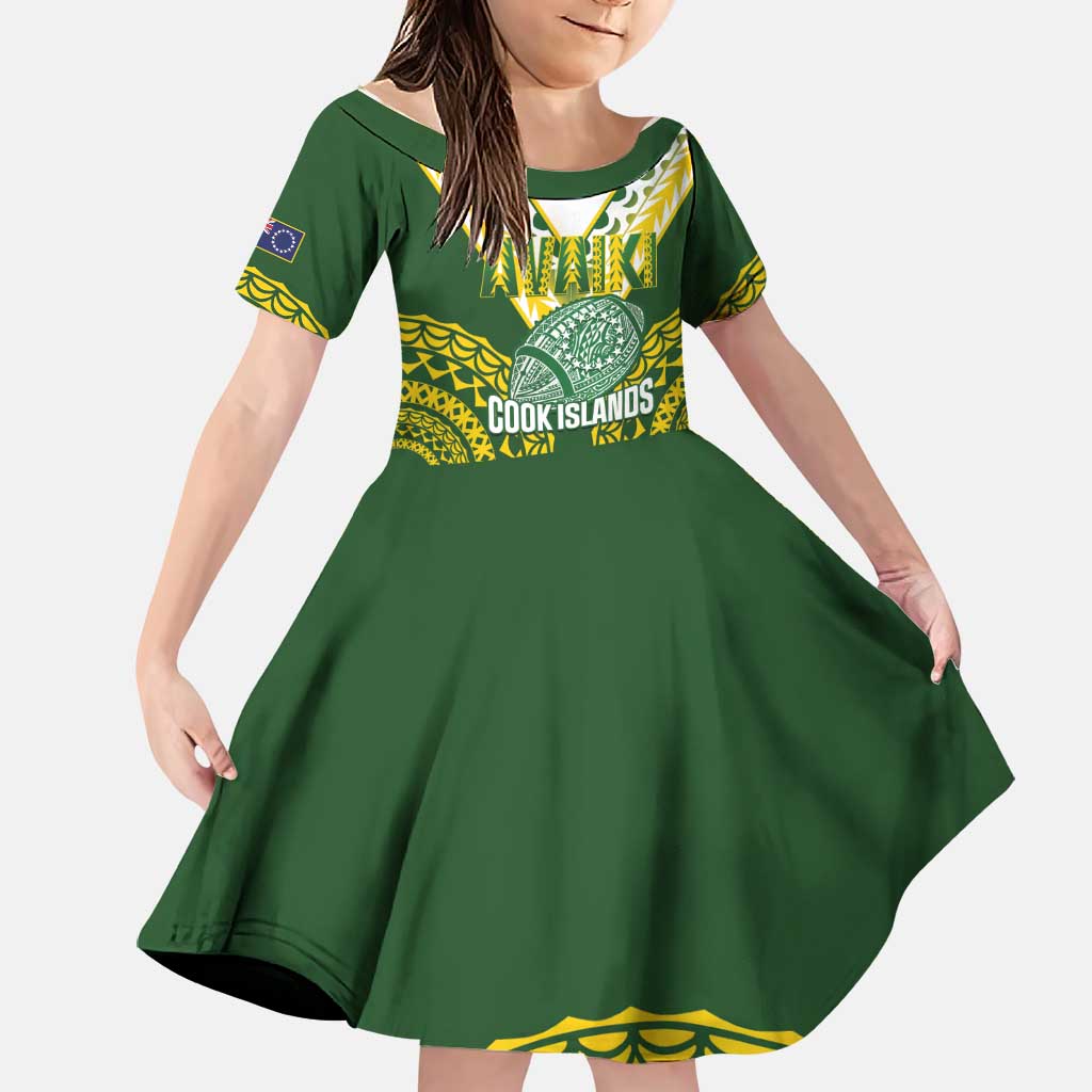 Custom Avaiki Cook Islands Rugby Family Matching Long Sleeve Bodycon Dress and Hawaiian Shirt Kuki Airani Tatau Green LT14 Daughter's Dress Green - Polynesian Pride