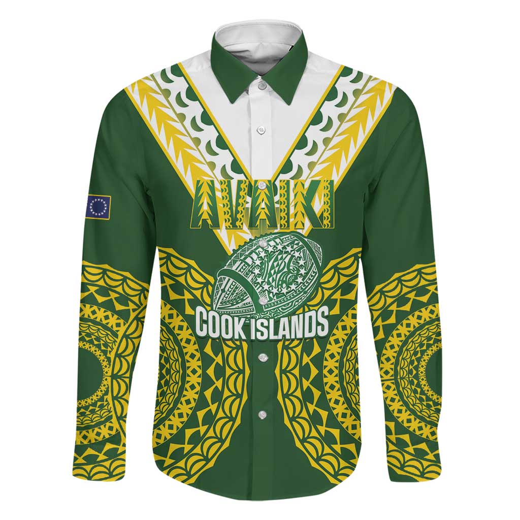 Custom Avaiki Cook Islands Rugby Family Matching Long Sleeve Bodycon Dress and Hawaiian Shirt Kuki Airani Tatau Green LT14 Dad's Shirt - Long Sleeve Green - Polynesian Pride