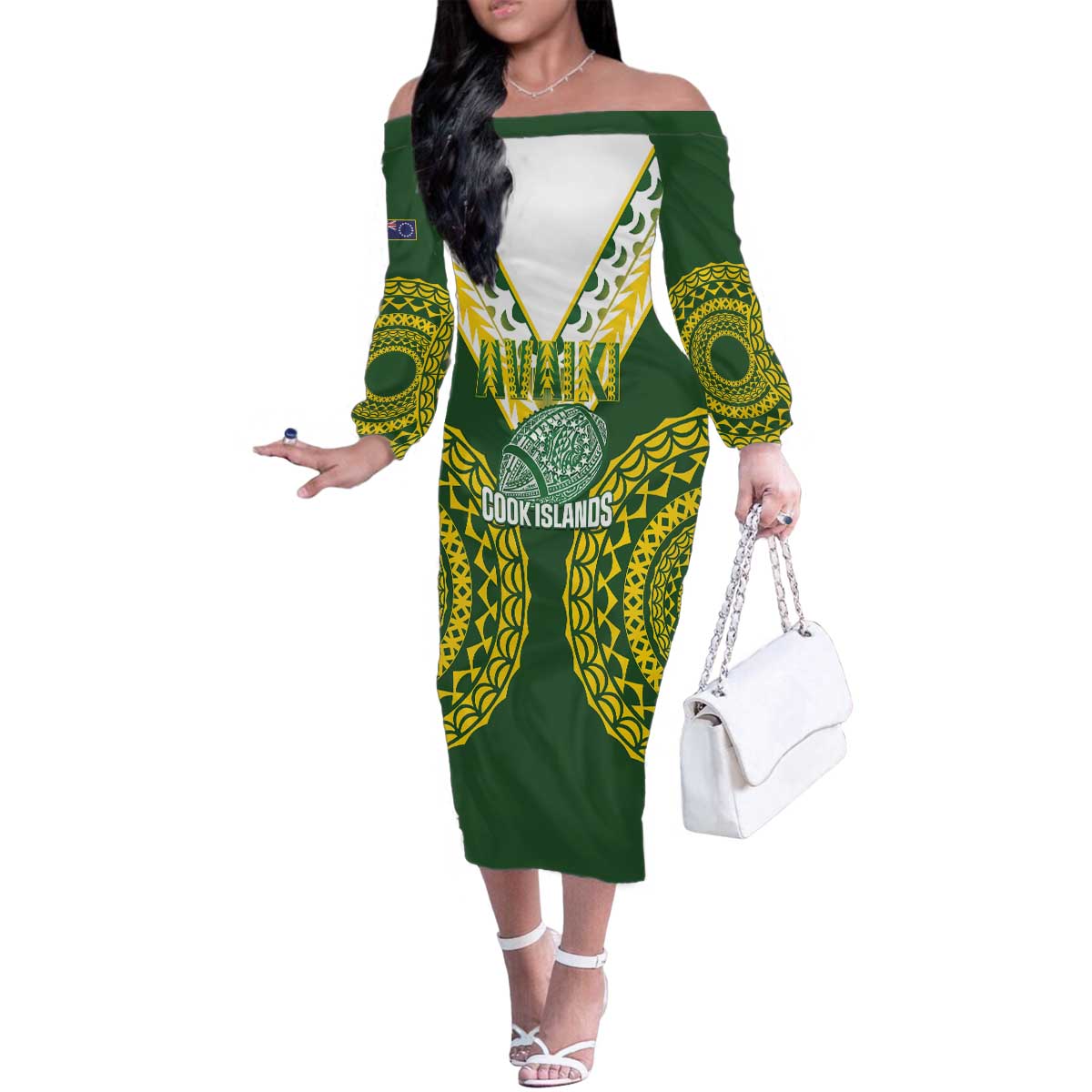 Custom Avaiki Cook Islands Rugby Family Matching Off The Shoulder Long Sleeve Dress and Hawaiian Shirt Kuki Airani Tatau Green - Polynesian Pride